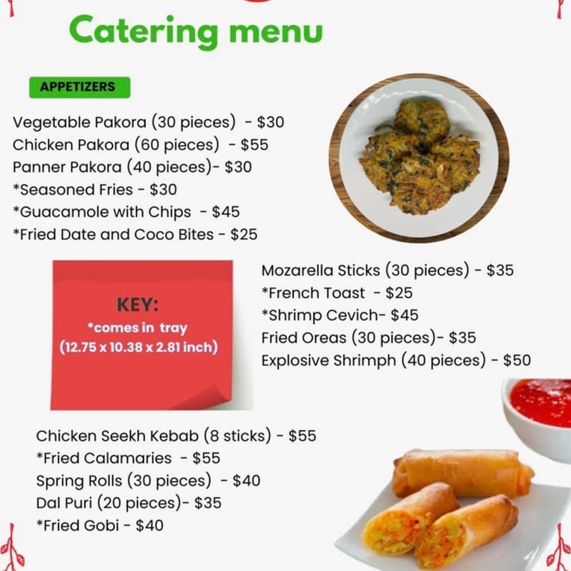 A catering menu for Indian appetizers, featuring images of pakoras and spring rolls with dipping sauce.