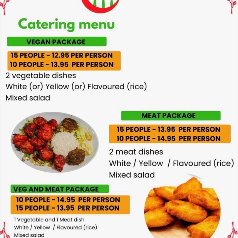 A catering menu for ZOOBEAR MC LLC, featuring vegan, meat, and mixed packages with Indian dishes.